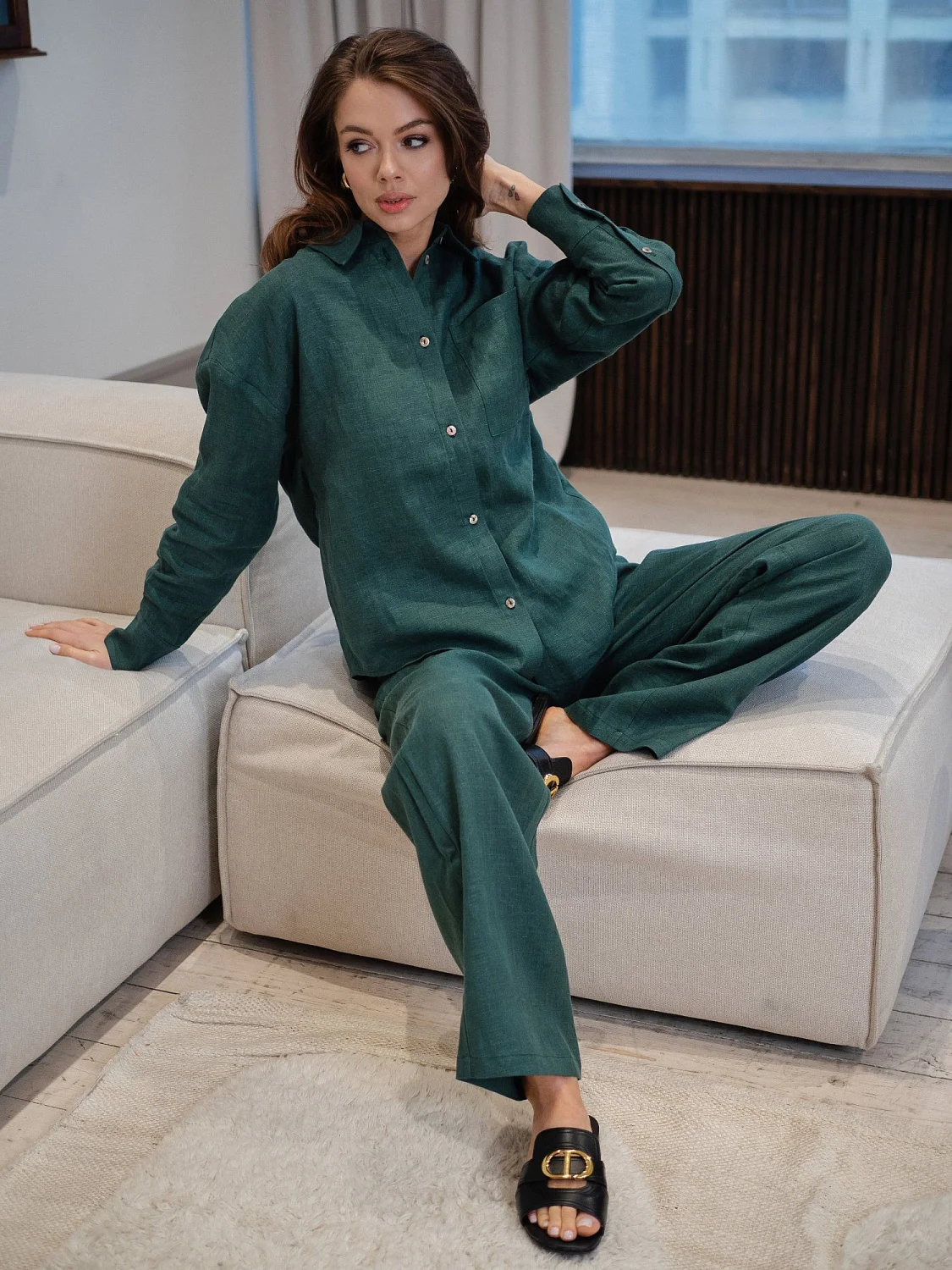 Брюки  из льна цвет Изумруд